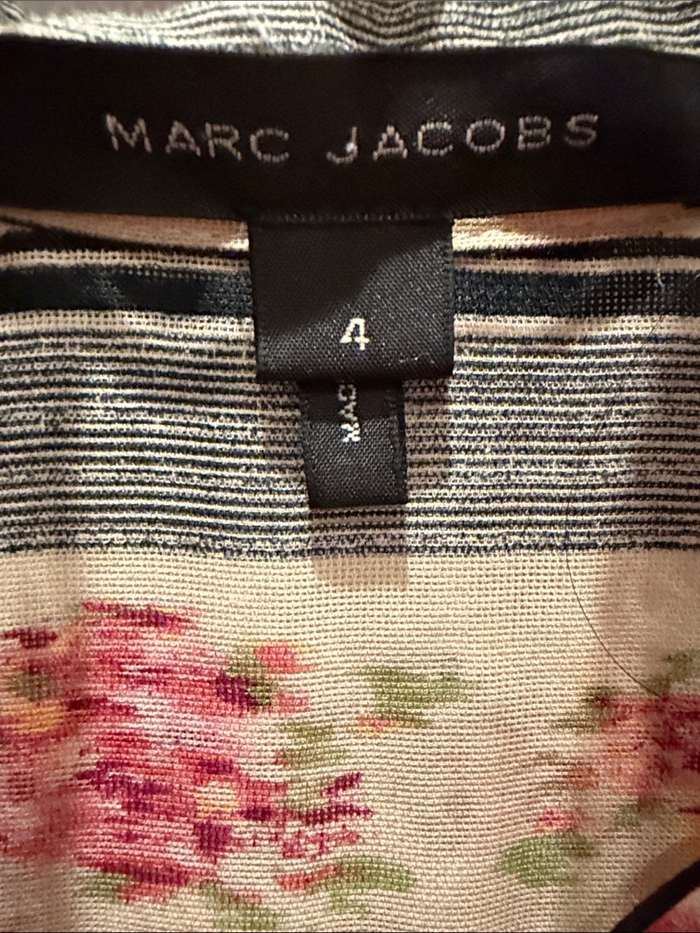 Marc Jacobs Cream Striped Floral Long-Sleeve Mini Dress with Black Velvet Bow 4 - Picture 4 of 9